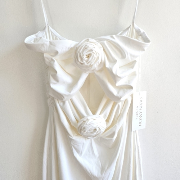 New Torn by Ronny Kobo Selena Strapless Cutout Rosette Bodycon Ivory Midi Dress - Picture 9 of 15